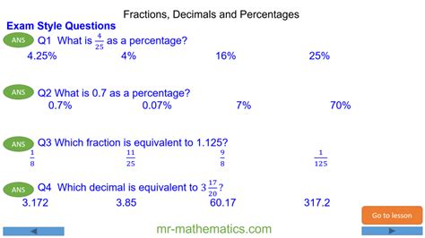 Fractions Decimals And Percentages Mr