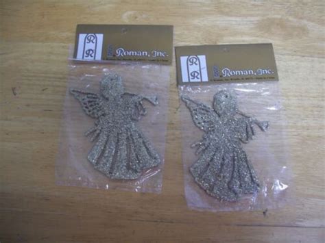 Vintage Lot Of 2 Glittered Gold Angel Playing A Horn Ornaments By Roman