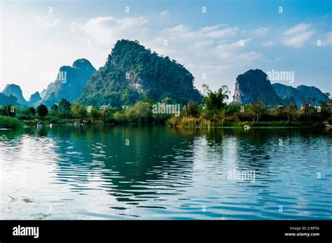 Beautiful River Scenery With Mountain Background In Guilin China Stock