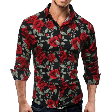 New Mens Long Sleeve Casual Shirt Fashion Rose Flower 3d Printed