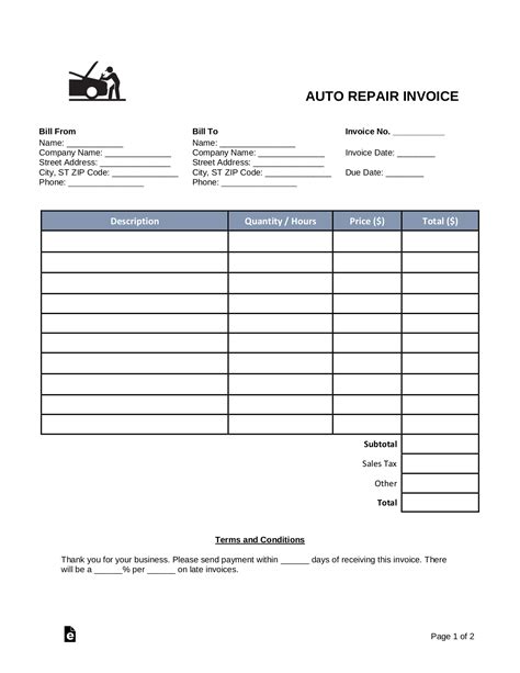 Mechanic Invoice Template Free Free Printable Templates