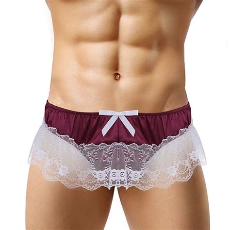 Sexy Mens Lingerie Low Rise Ruffle Lace Shiny Satin Panties Sissy Underwear SatinPantiesX