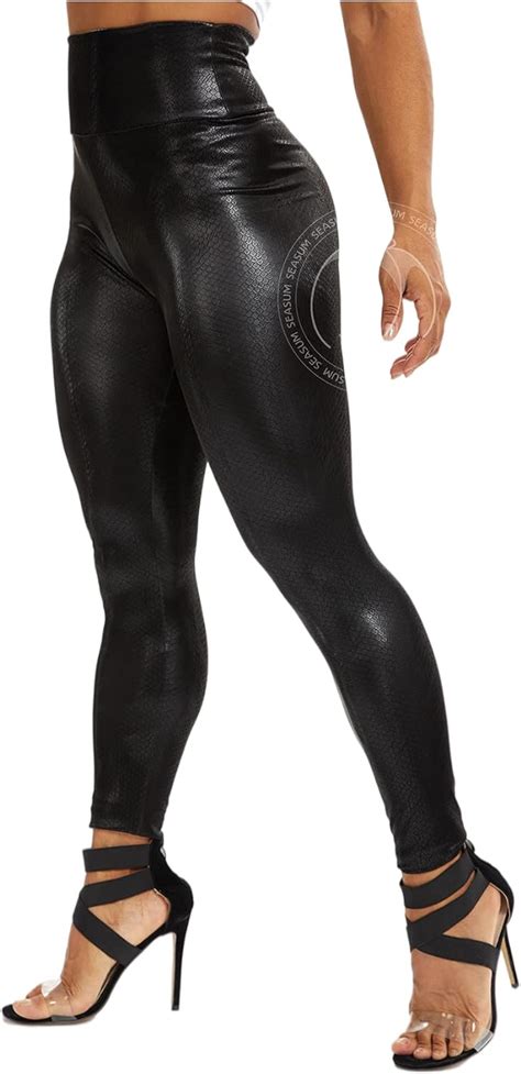 Seasum Womens Faux Leather Leggings Pants Pu Elastic Shaping Hip Push Up Black Sexy Stretchy