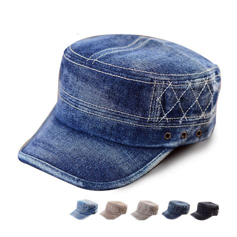 Blue Washed Jeans Denim Stripe Stud Army Brim Flat Hat Cap In Baseball