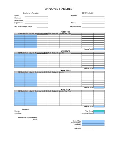 week employee timesheet template printable