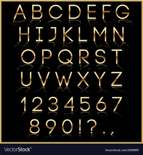Golden Alphabet Letters With Reflection On Black Vector Image