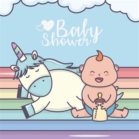 Premium Vector Baby Shower Happy Little Boy Cute Unicorn Rainbow Card