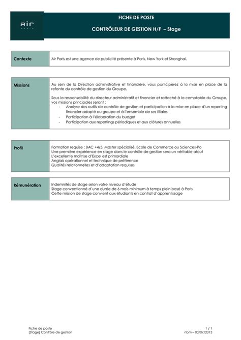 FICHE DE POSTE CONTRÔLEUR DE GESTION H/F – Stage