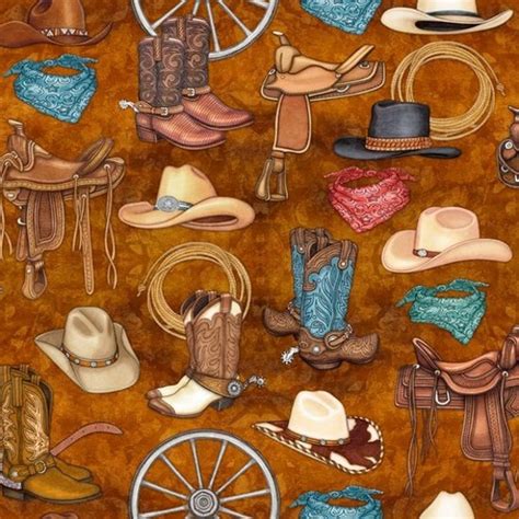 Unbridled Western Motif On Amber Cotton Fabric By Dan Morris