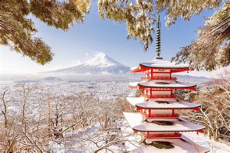 Hd Wallpaper Winter Mountain Japan Pagoda Fuji Snow Cold