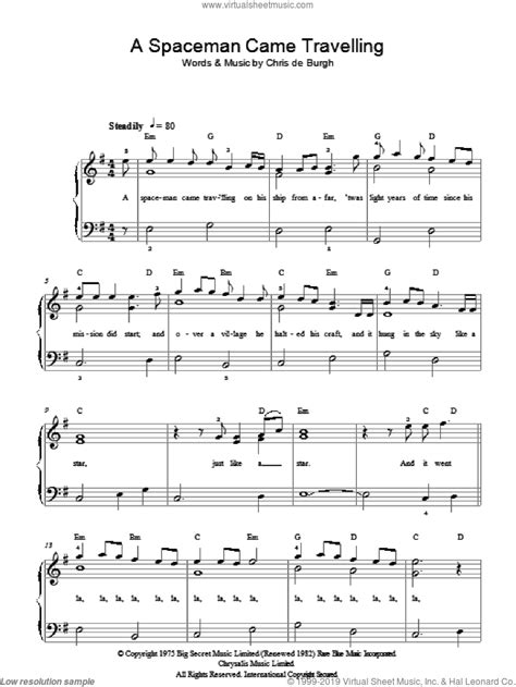 A Spaceman Came Travelling Sheet Music Easy For Piano Solo