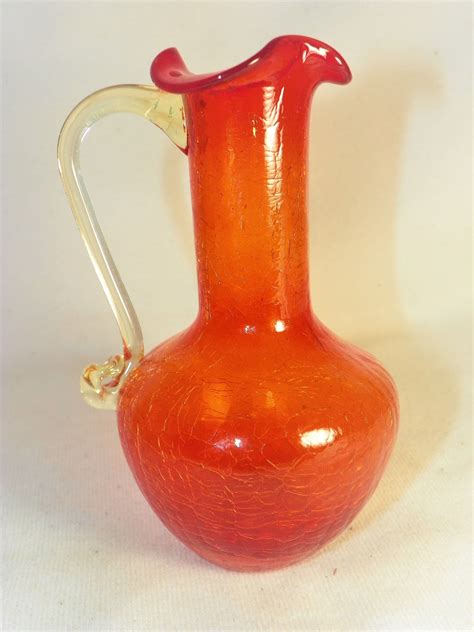 Vintage Blown Glass Orange Crackle Glass Pitcher With Clear Handle 5