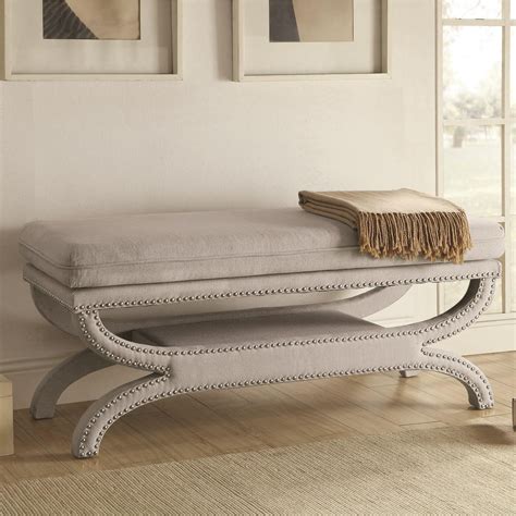 Coaster Benches Fully Upholstered Light Grey Bench With Nailhead Trim