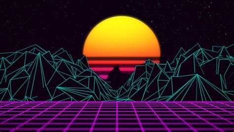 Digital Retro Sunset 80xx Gaming Neon Background Stock