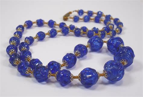Vintage Czech Glass Bead Necklace Intense Blue Restrung And