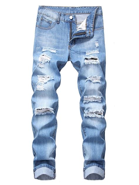 Fashion Mens Ripped Jeans Destroyed Slim Fit Straight Casual Washed Vintage Pants With Holes