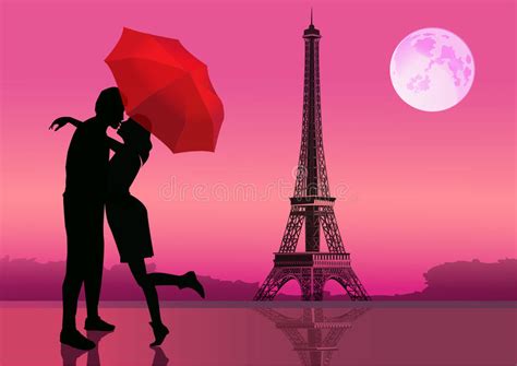 Pares De Amantes Em Paris Na Noite Lua No Fundo Ilustração Do Vetor