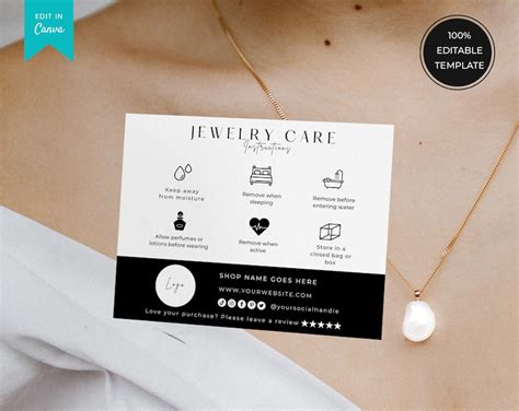 Editable Jewelry Care Card Template Printable Jewellery Care Etsy