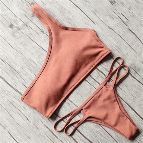 Buy Sexy One Shoulder Bikini Solid Bikini Set Halter Swimsuit Women Thong