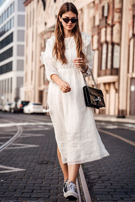 Fashion Week Outfit White Boho Dress And Platform Sneakers Whaelse