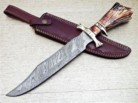 Damascus Steel Custom Handmade Hunting Bowie Knife 165 4a1