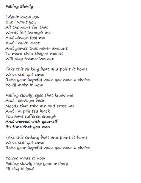 Falling Slowly Lyrics Ill Never Listen To This Song Quite The Same Way Again Beautiful I
