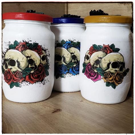 set of three sugar skull roses glass kitchen storage jars etsy