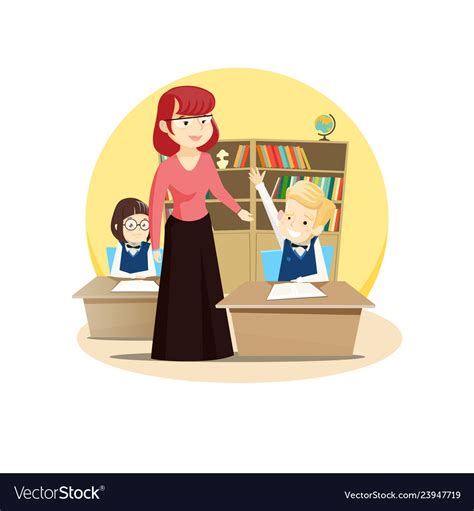 Red Haired Teacher Leads A Class In The Classroom Vector Image