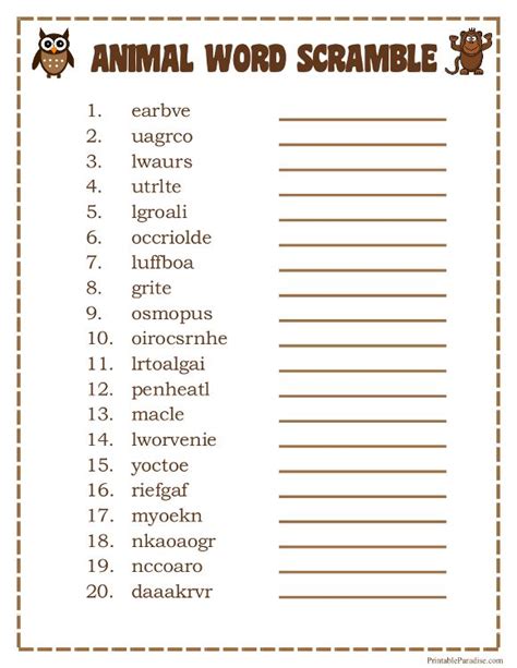 Printable Animals Word Scramble Game Word Puzzles For