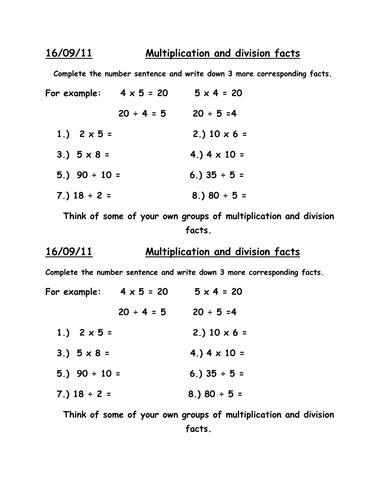 Link Between Multiplication And Division Worksheets