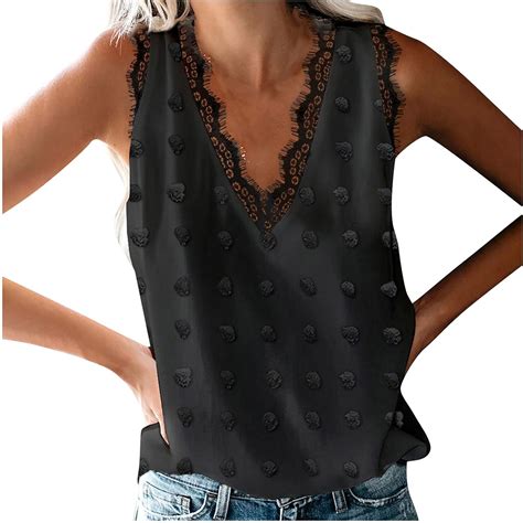 Womens Sleeveless Shirts V Neck Lace Trim Tank Tops For Women Loose Casual Blouse Tees Cute