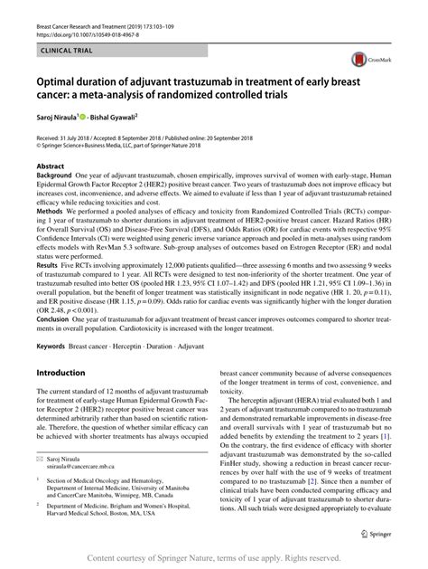 Optimal Duration Of Adjuvant Trastuzumab In Treatment Of Early Breast