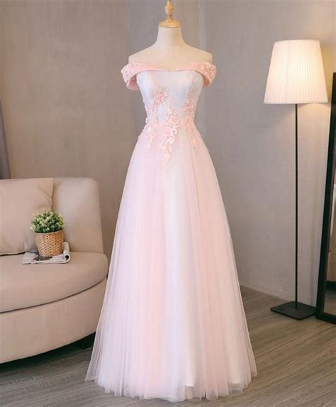 Light Pink Lace Off Shoulder Lonng Prom Dress Pink Evening Dress In