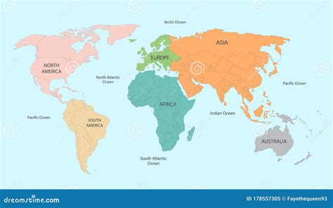 Mapa Mundial Dividido Em Seis Continentes Em Cores Diferentes