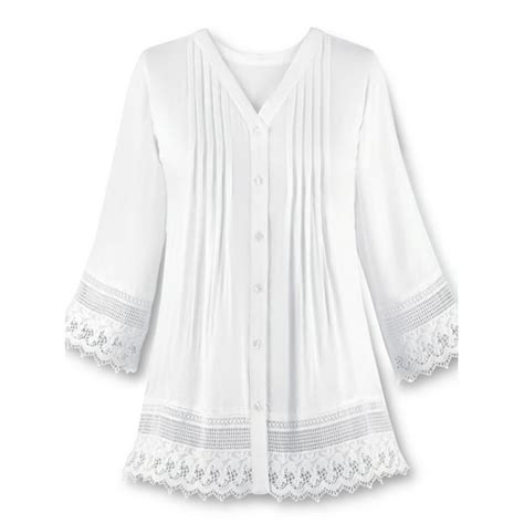 Collections Etc Womens Pintuck Lace Trim Button Down V Neck Tunic