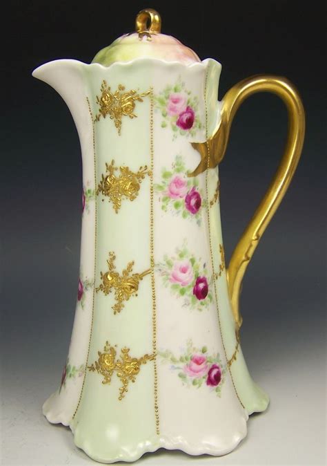 1900 Limoges Hand Painted Roses And Raised Gold Chocolate Pot Chocolate