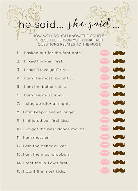 He Said She Said Game Bridal Shower Games Printable Try Before You Buy Bachelorette Party