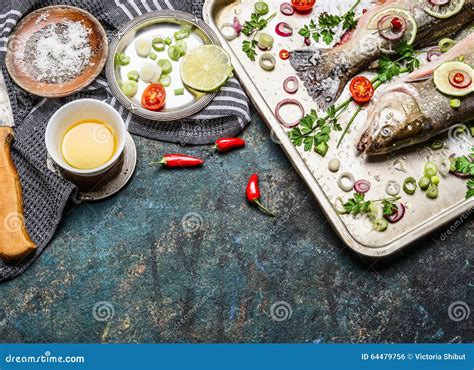 Raw Fish Preparation On Kitchen Table With Cooking Ingredients Healthy