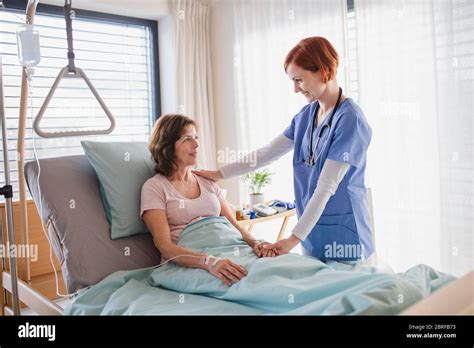 Female Doctor Examining Patient In Bed In Hospital Stock Photo Alamy