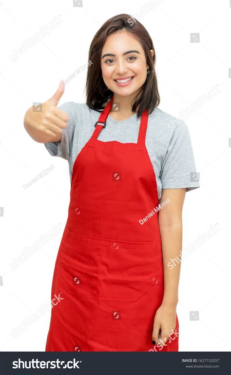 Happy Caucasian Waitress Red Apron Isolated Stock Photo Edit Now