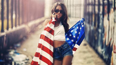 Women Brunette Sunglasses Flag Women Outdoors American Flag Wallpapers