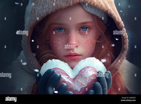 Close Up Girl Holds A Snowy Heart In Front Of Her In Gloves Generative