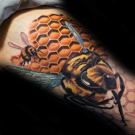3d Mens Flying Bee Honeycomb Thigh Tattoos Bee Tattoo Honeycomb