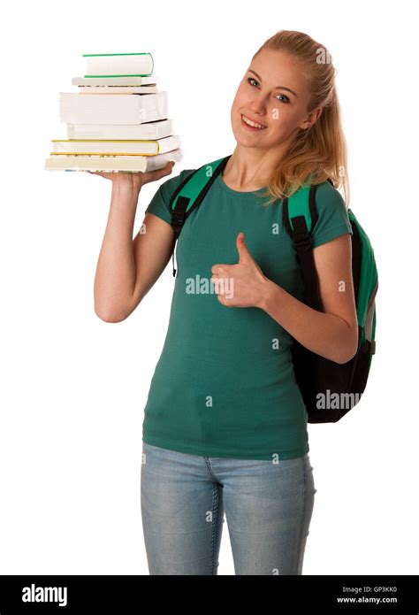 Blonde Student With Stack Of Books On Hand And Backpack Gesturing Ok