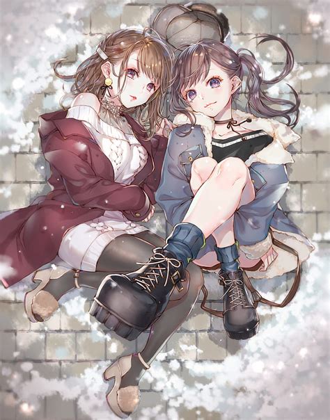 Anime Girls Anime Legs Snow Purple Eyes Legs Crossed Brunette HD Wallpaper Wallpaperbetter