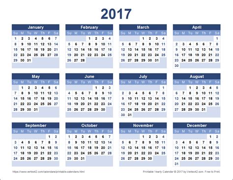 2017 Yearly Calendar Printable Pdf