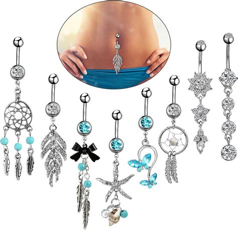 8pcs Piercing Au Nombril Bleu Avec Pendentif Long Pour Femmes Filles Anneau De Nombril En Acier