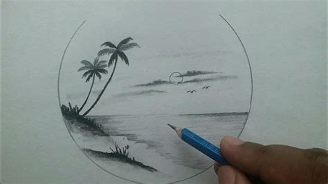 How To Draw Simple Scenery Drawing Of Beach Step By Step Pencil