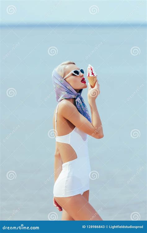 Woman In Vintage Swimsuit Eating Sweet Stock Image Image Of Fashionable Beauty
