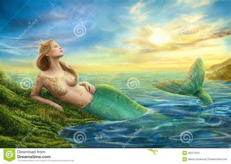 Beautiful Princess Fantasy Mermaid At Sunset Background